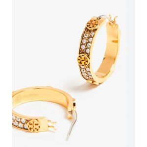 Gold-Tone Tory Burch Miller Gold and Crystal Logo Huggie/Hoops ✺✺